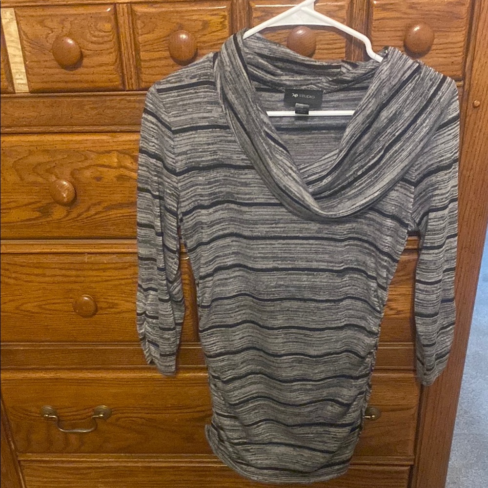 Gray Striped Sweater with Cowl Neck
